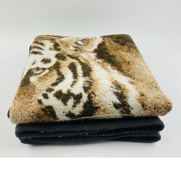 Vintage Plush Blanket Tiger Lion Face Brown Tan Reversible RARE Biederlack Style - Picture 6 of 16